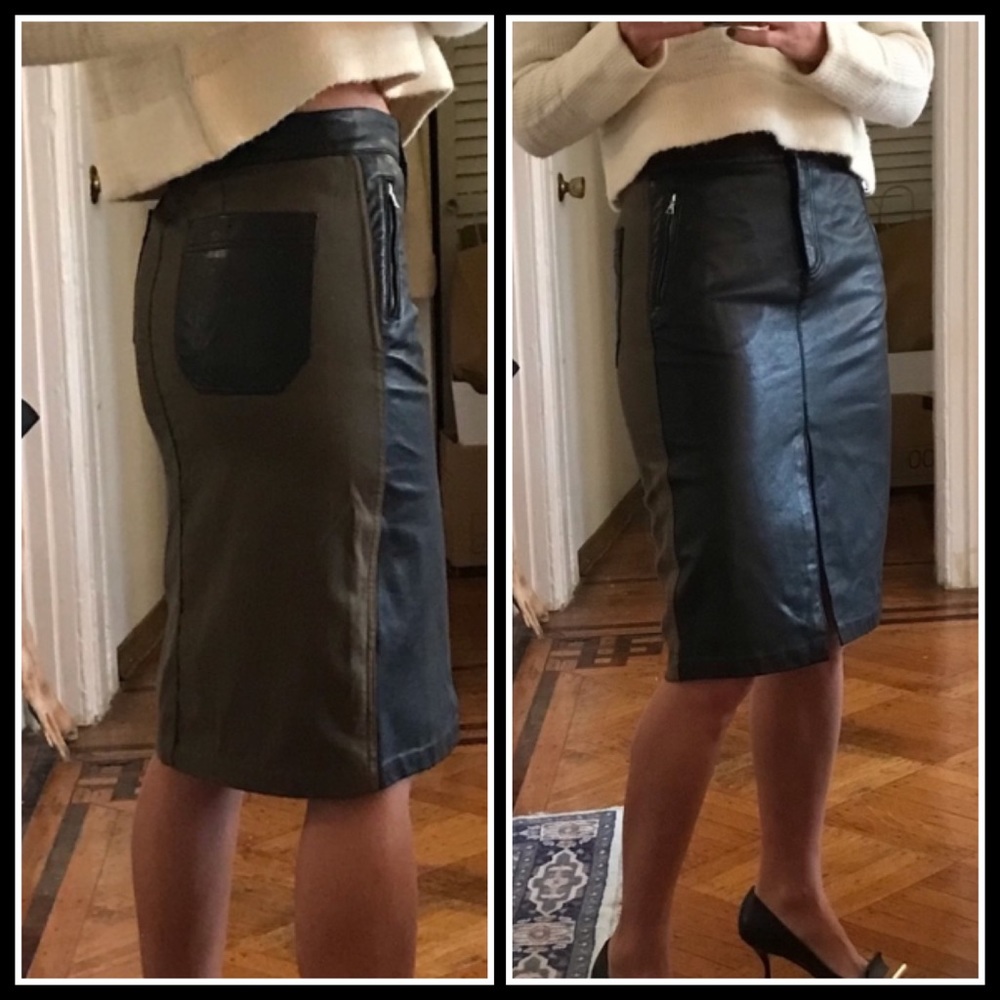 MW Lambskin Leather Army Green Canvas MIDI Skirt - Picture 4 of 11